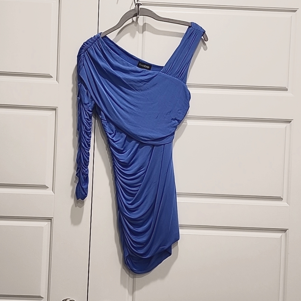 BLUE BEBE TOP - ONE LONG SLEEVE; ONE SHOULDER